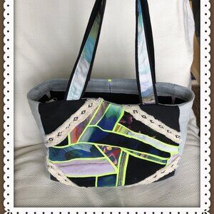 Tote Bag for Women Jeans/Silk Lightweight  Handmade Patchwork Design Size Medium